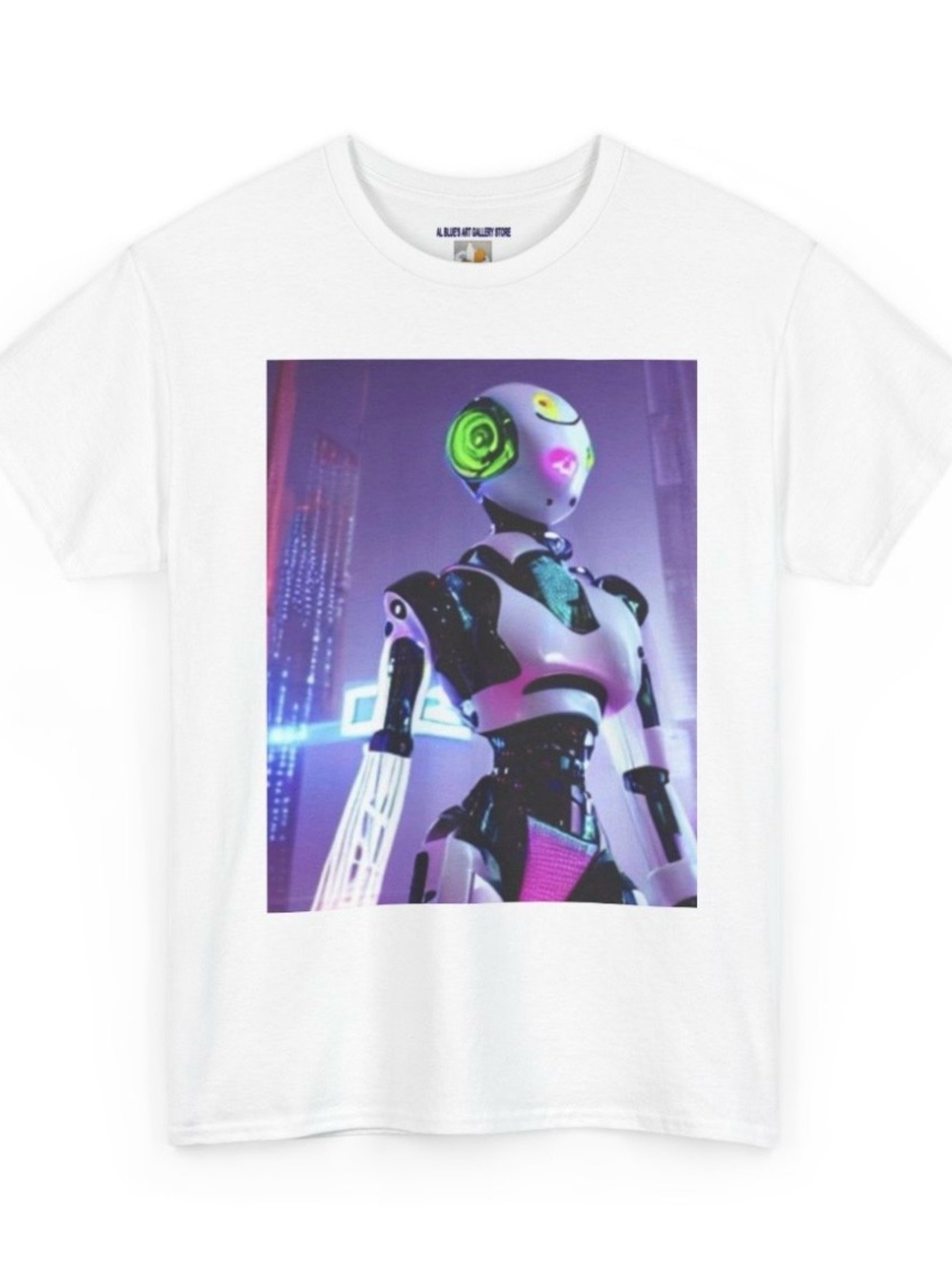 Al Blue designed,Futuristic Robot Graphic Tee - White with Neon Accents